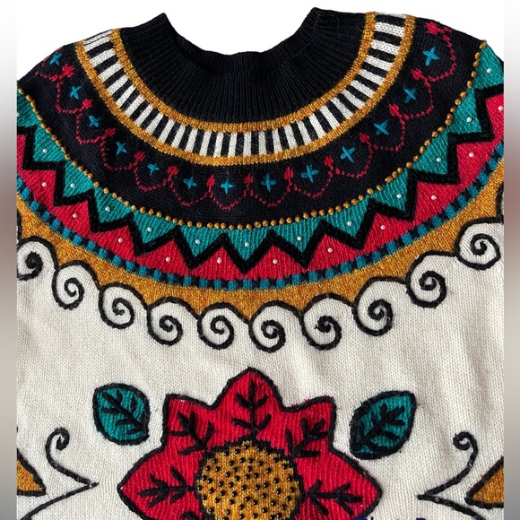 Vintage 100% Wool Fair Isle Floral Beaded Sweater Jumper Gitane Bright M 80’s - Picture 2 of 5
